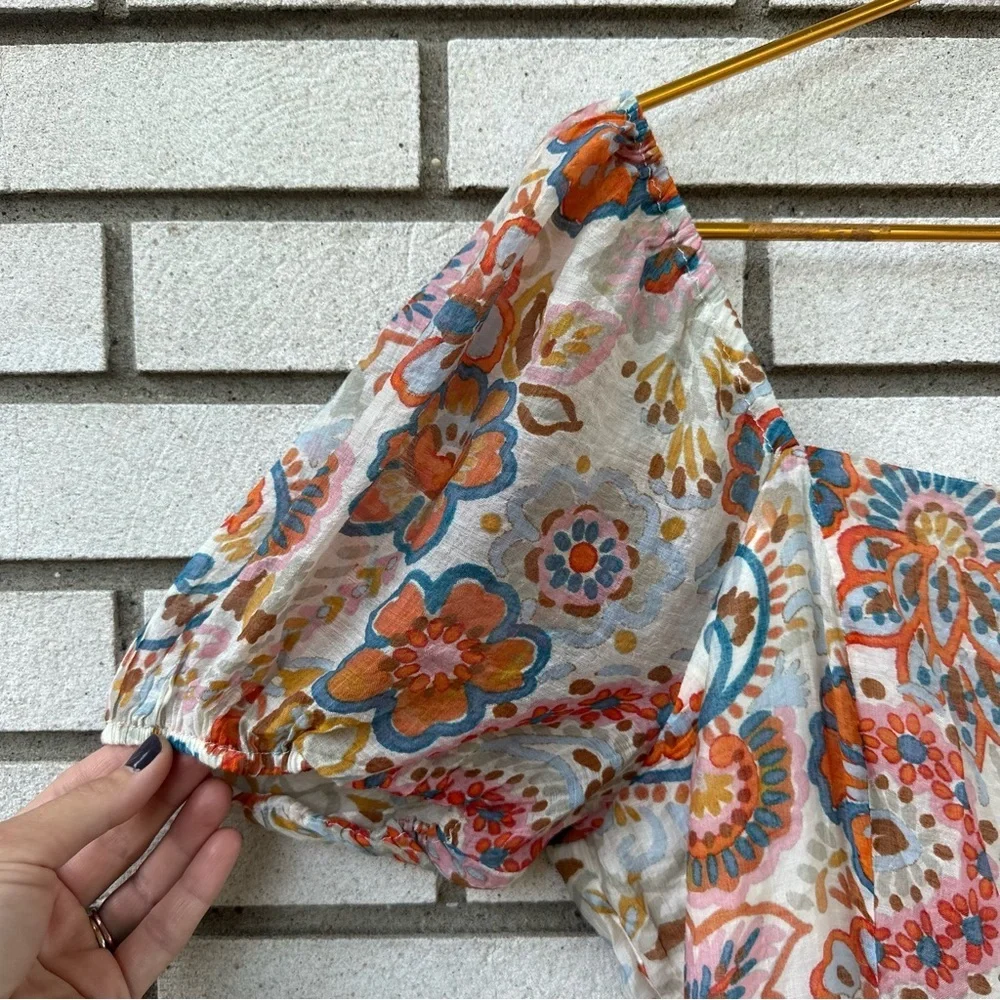 1. STATE Puff Sleeve Gauzy Boho Paisley Floral Tiered Mini Dress Tie Back L